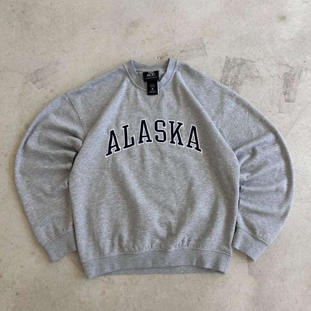 Gray Alaska crewneck sweatshirt with white arched text  'ALASKA' Size M